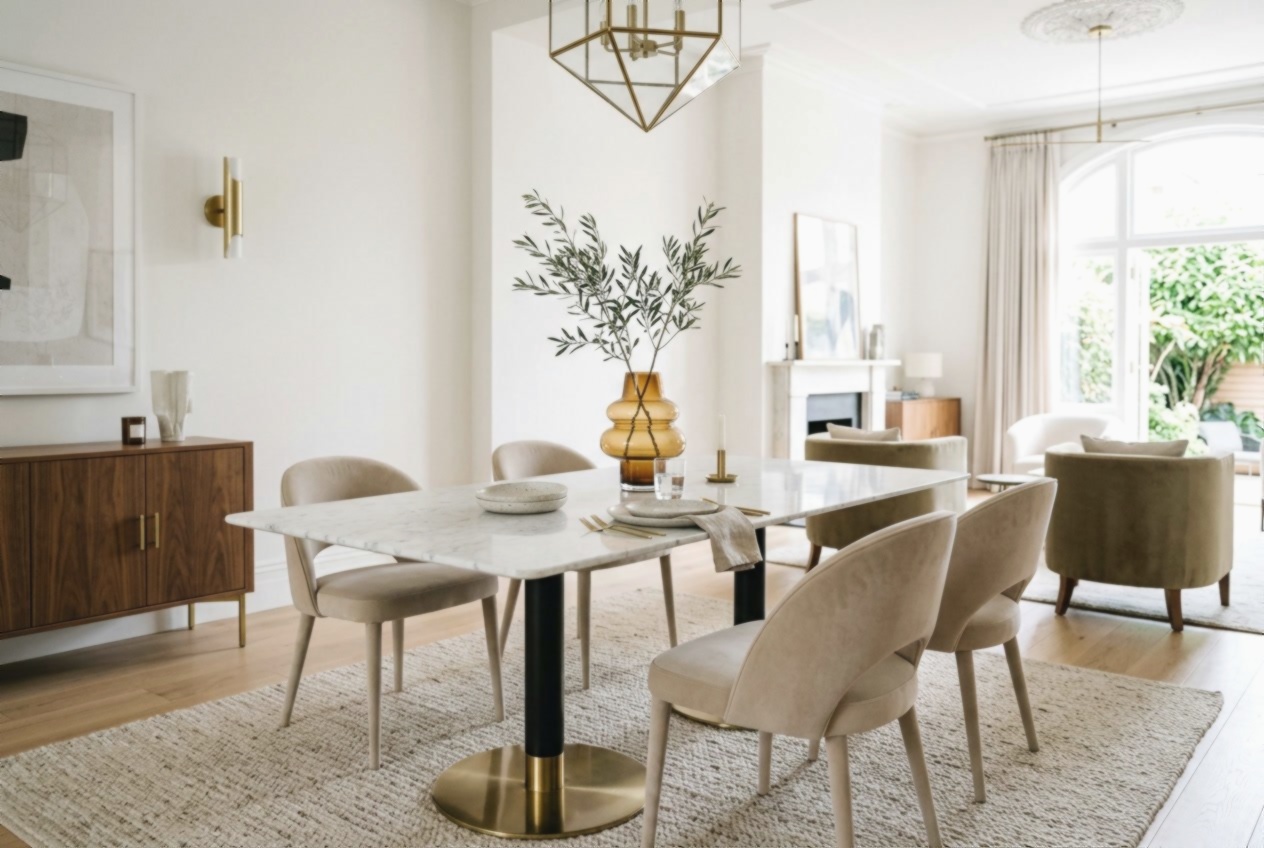 Airy Mid-Century Luxury Dining: Sculptural Elegance and Light-Filled Comfort interior design inspiration