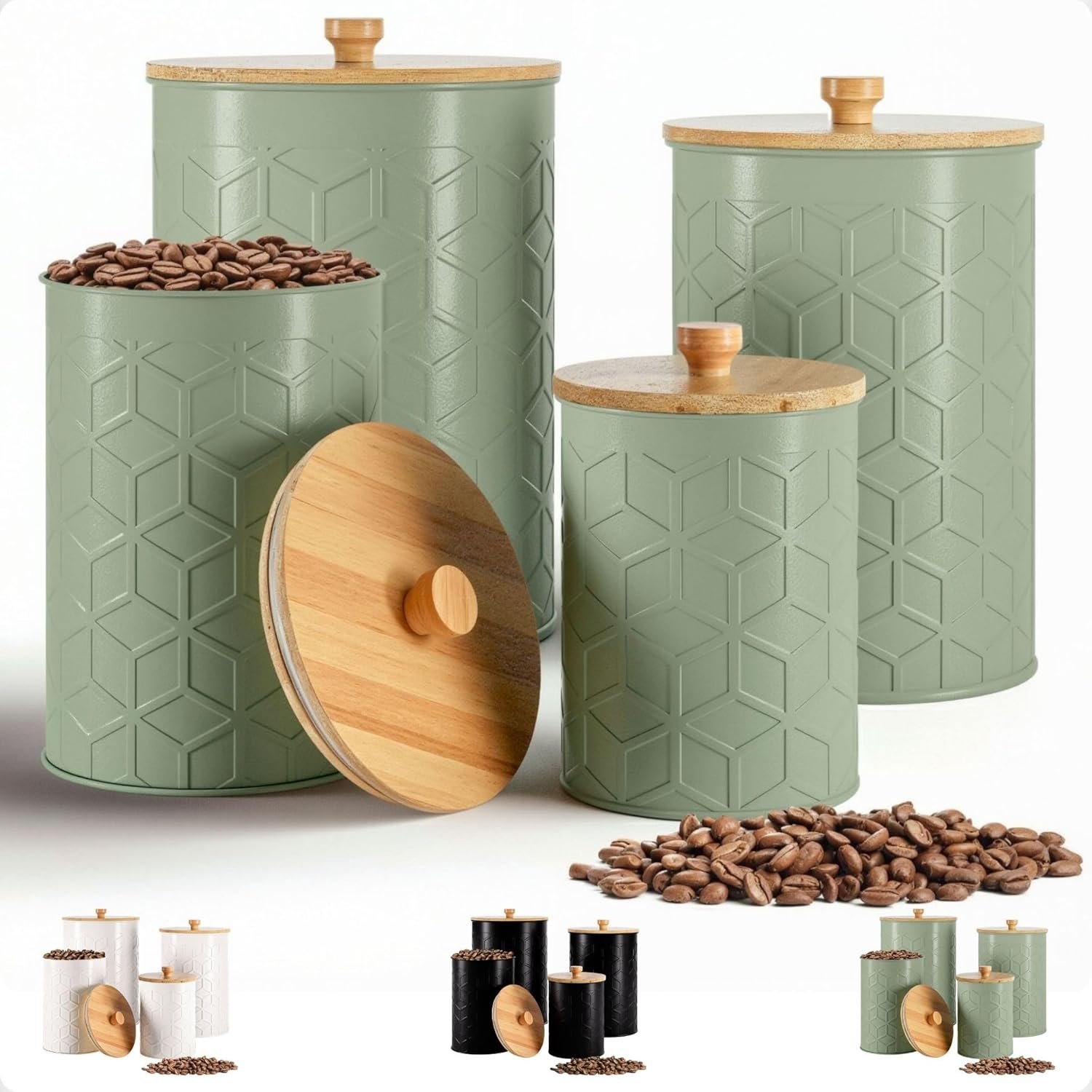 Kitchen Canisters for Countertop Set of 4 - Textured Iron Kitchen Canisters with Airtight Lids - Flour Sugar Canister Set - Flour and Sugar Containers Farmhouse - Coffee Jar for Counter - Sage Jar x4