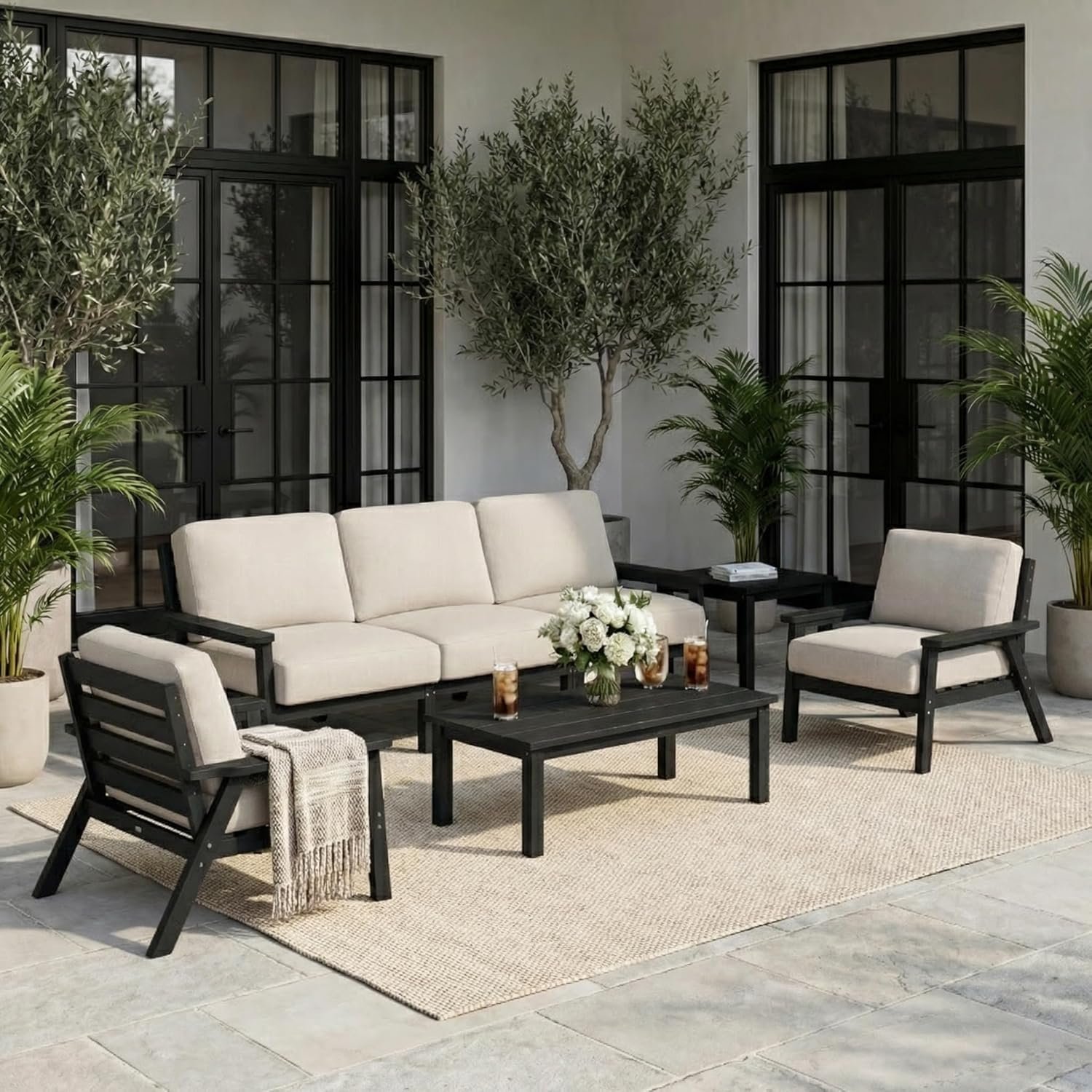 HDPE 7 Piece Patio Furniture Set, Outdoor Couch with Washable Thick Beige Cushions & Coffee Table & Side Table, Outdoor Sectional Furniture for Backyard, Deck, Lawn, Porch (Black Frame)