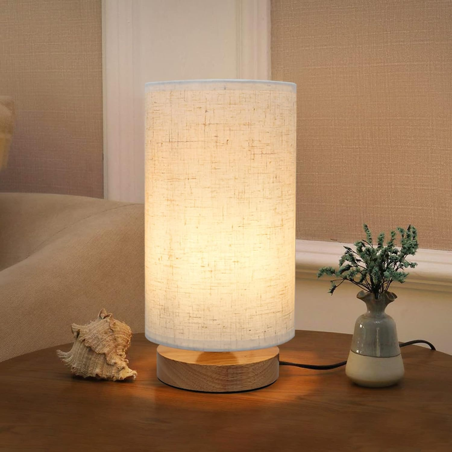 Small Bedside Night Table Lamp for Bedroom, Minimalist Nightstand Lamp with Round Fabric Linen Shade, Study Reading Desk Lamp for Kids Room, Living Room, College Dorm, Home, Office - Amazon.com