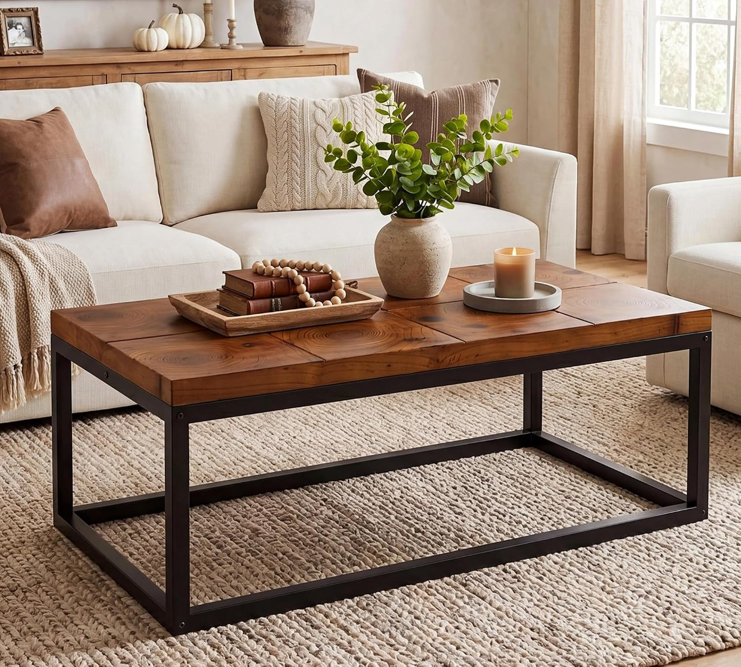 Amazon.com: TRIBEWOOD 47-Inch Coffee Table, Rectangle Solid Wood Center Table with Metal Frame, Modern Industrial Cocktail Tables for Living Room, Apartment, Easy Assembly, Vintage Brown : Home & Kitchen