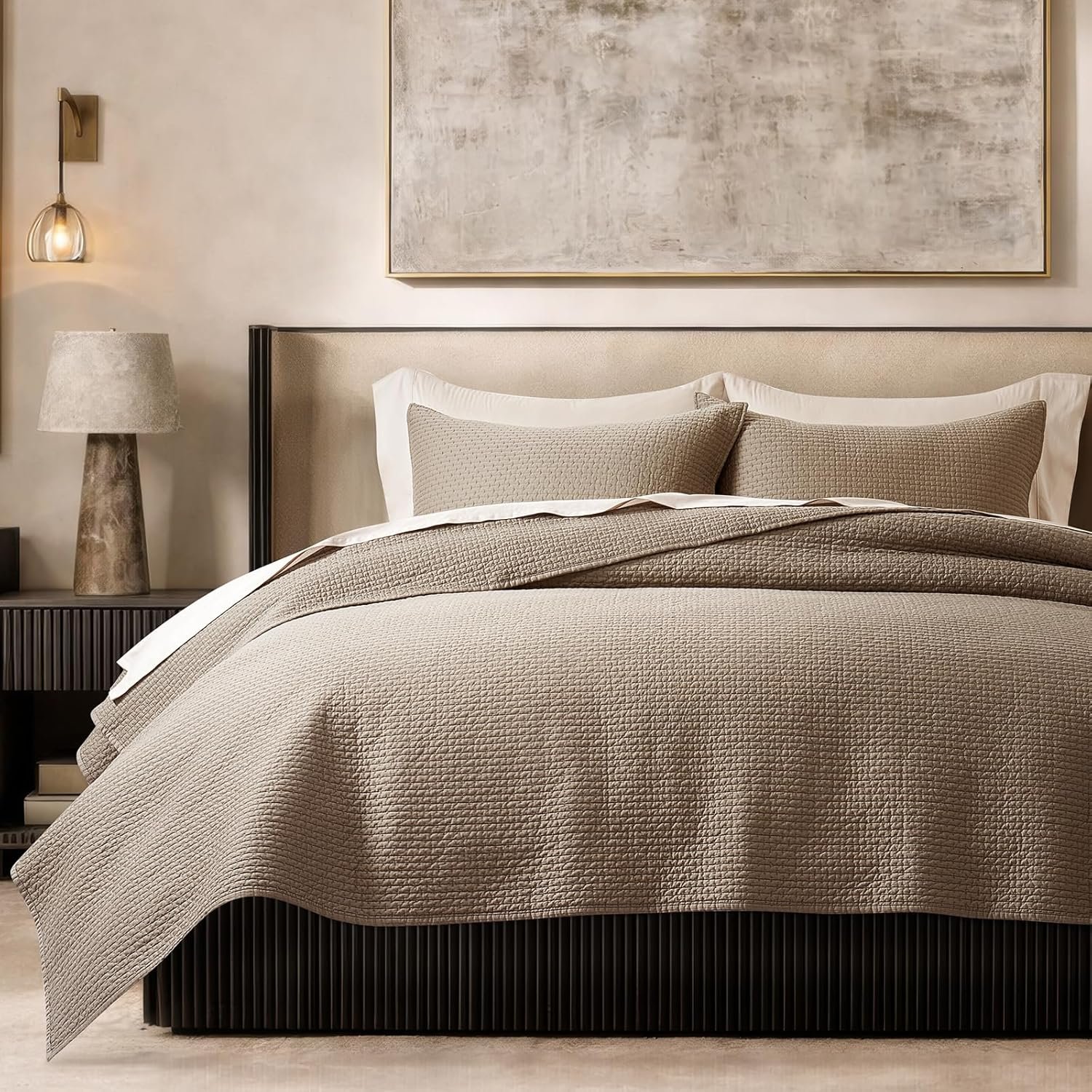 EVERGRACE Cotton Sateen Pick-Stitch Quilt Set Queen Size - 100% Cotton Coverlet Bedding, Pre-Washed Oversized Bedspread, Breathable All-Season Quilt Set with 2 Shams, Stone Taupe