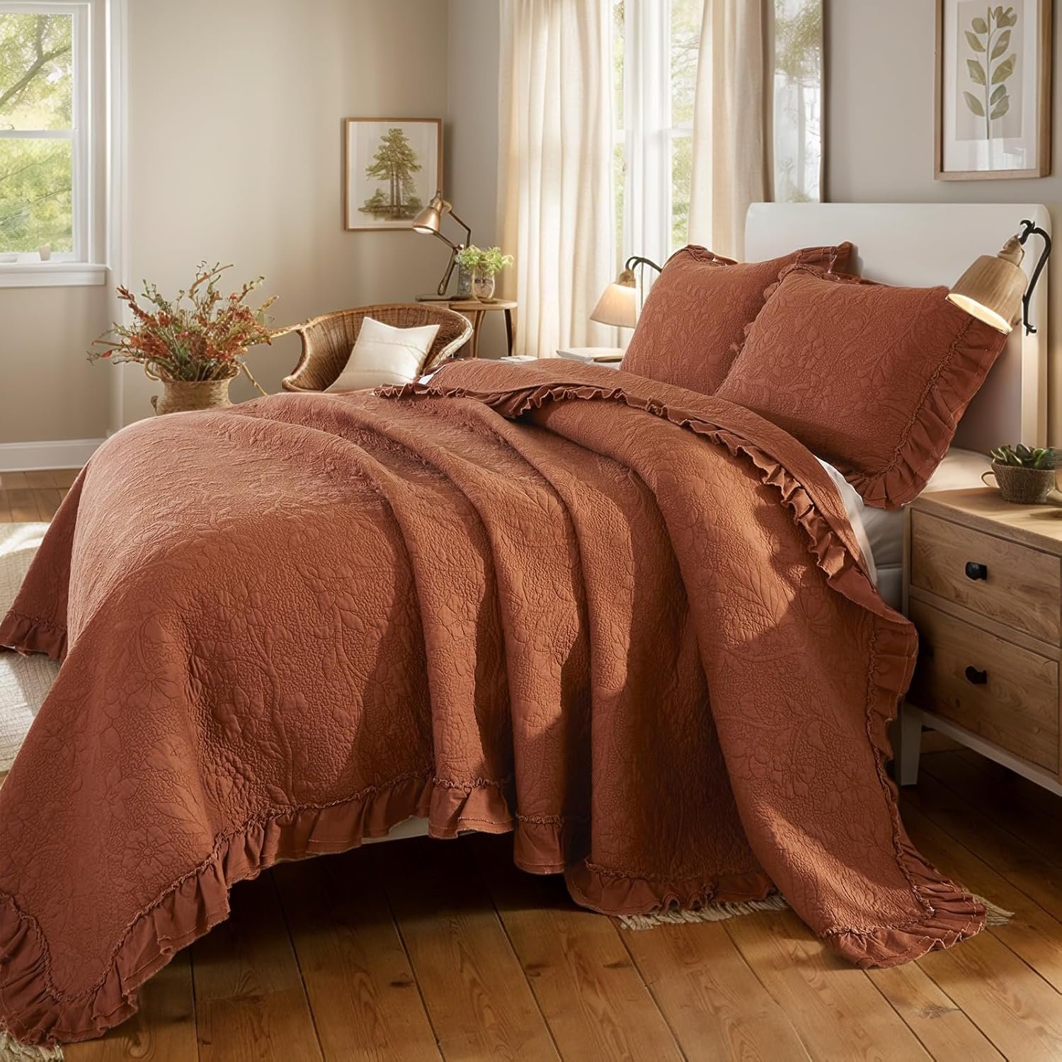 Brandream Quilt Set Full Size Cotton Solid Burnt Orange Vintage Quilted Comforter Set Farmhouse Quilts Ruffle Bedspreads 3-Piece