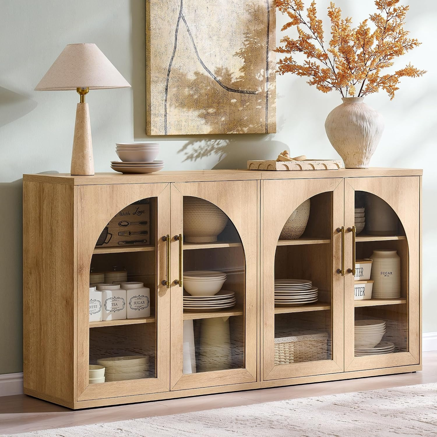 ACCOHOHO Glass Arched Door Sideboard Buffet Cabinet Set of 2, Natural Oak | Modular, Multi-Compartment Storage, Adjustable Shelf, Soft Close Hinges, Freestanding, for Dining Room, Living Room - Buffets & Sideboards