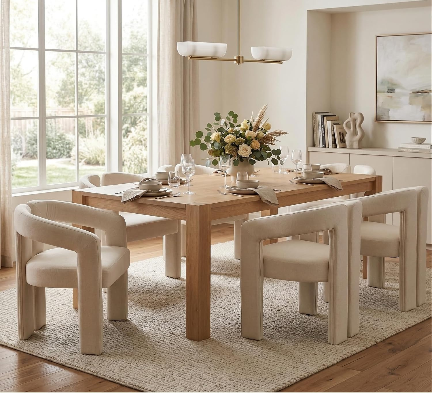 Hyfirm Upholstered Linen Barrel Dining Chairs Set of 6, Modern Accent Kitchen Chairs with Arms Comfy Side Chairs with Arms for Dining Room Bedroom Vanity Reception, Beige - Chairs