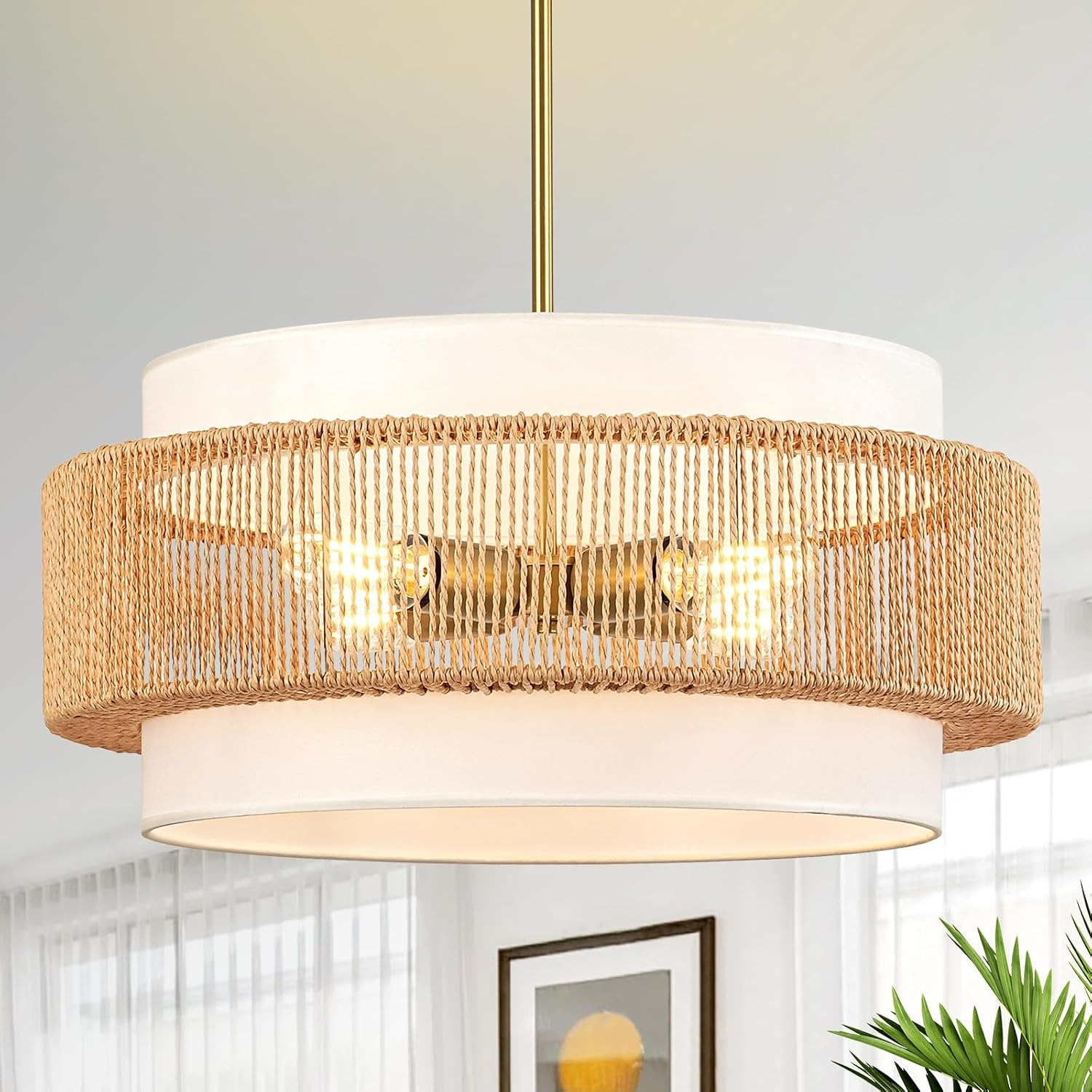 4-Light Rattan Chandelier for Dining Room, 19.7