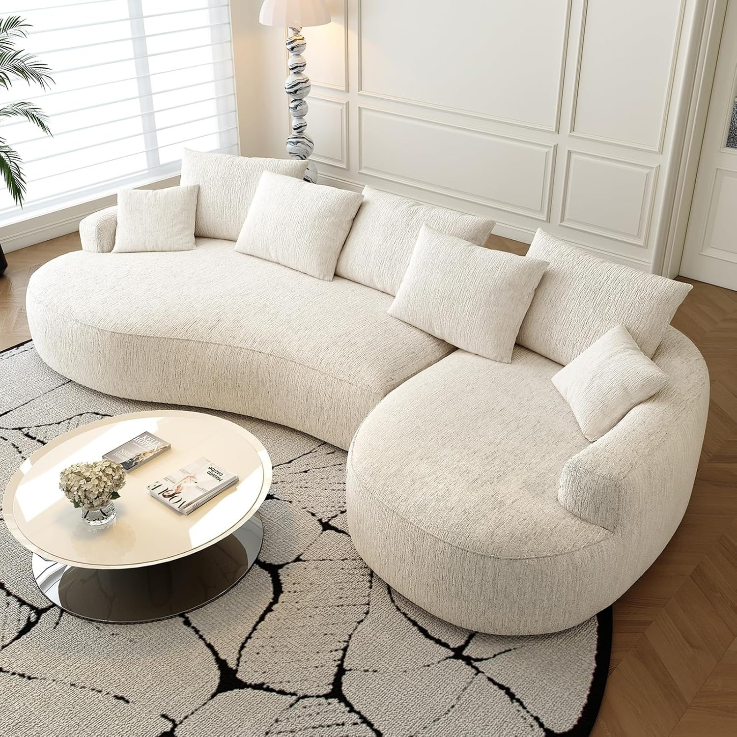 VisdaKin 115-inch L-Shaped Luxurious Modern Contoured Curved-Back Sofa, a Seamless Boneless Design with Curved Silhouette, Ideal for Living Room use(Right Chaise,White) : Home & Kitchen