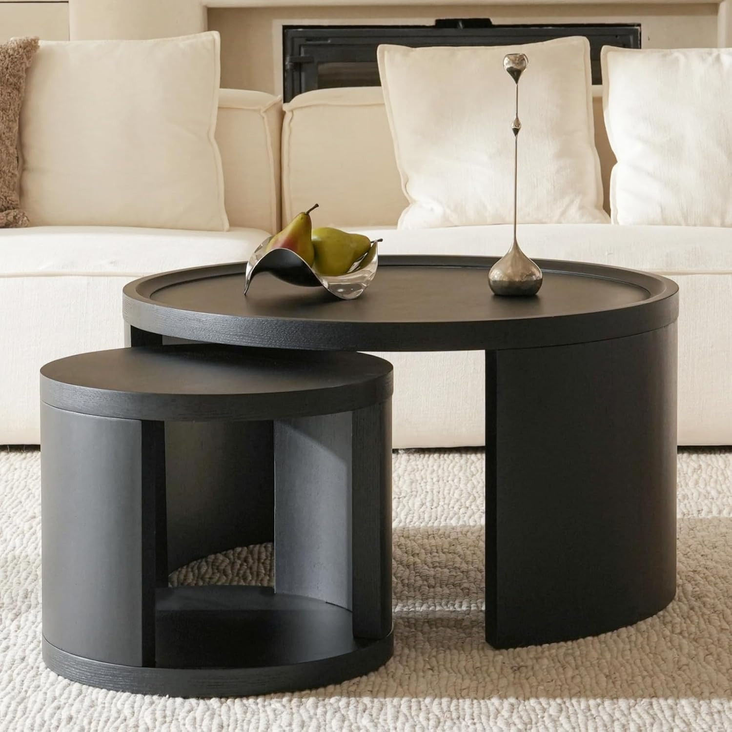 FAME HOME Round Nesting Coffee Table Set of 2, 31.5 and 18 in, Black | Round coffee table set, nesting tables for living room, use separately, space-saving design : Home & Kitchen
