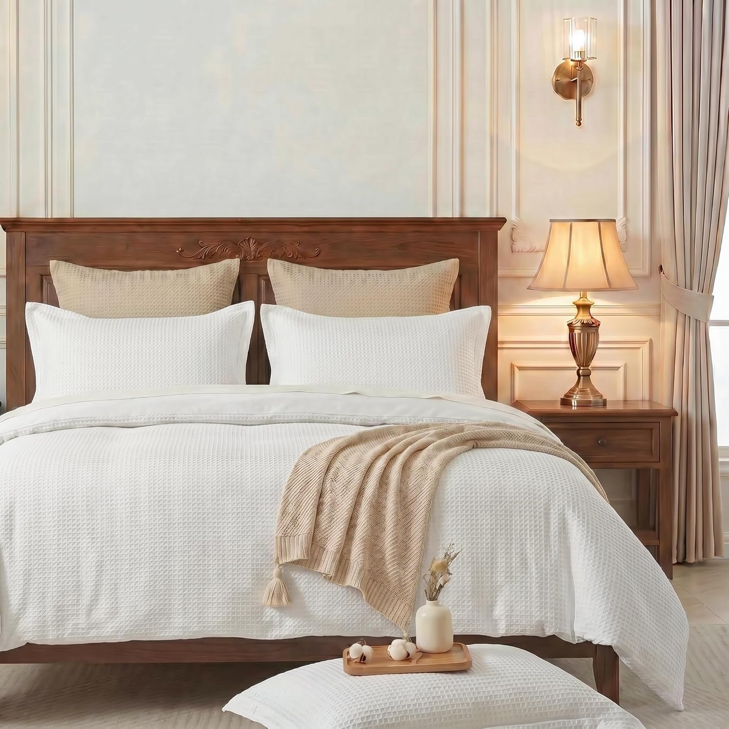 Waffle Weave Duvet Cover California King -100% Cotton Breathable Bedding Set, Easy Care, Soft & Cozy Comforter Cover for All Season with Corner Ties, 3 Pieces with Pillow Shams,104