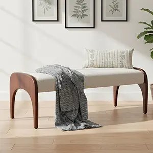 51-Inch Extra Long Upholstered Bench with Cute Solid Walnut Rubber Wood Legs, Minimalist Bed End Bench for Bedroom, Living Room, Dining Table, Entryway Hallway Seat, Fur Fabric in Beige