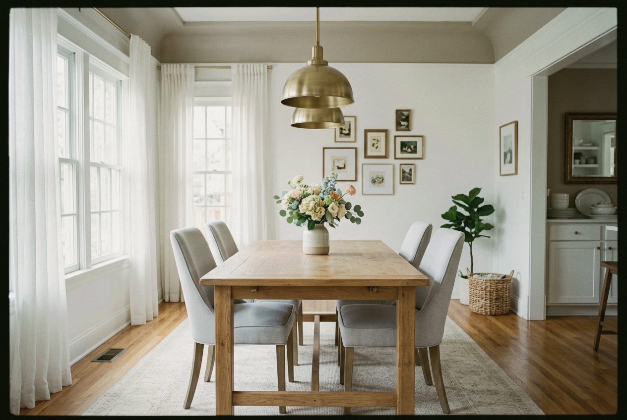 Serene Family Dining: Balancing Light, Comfort, and Practical Elegance interior design inspiration