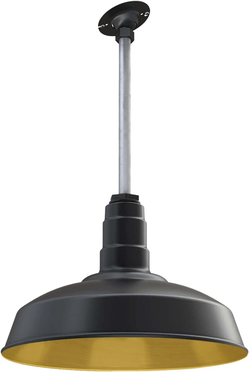 Carson Barn Light | Ceiling Mounted Pendant | 16 inch Dome | 12 inch Sloped Stem | Industrial Style Steel Light Made in America | Matte Black Exterior/Brass Interior