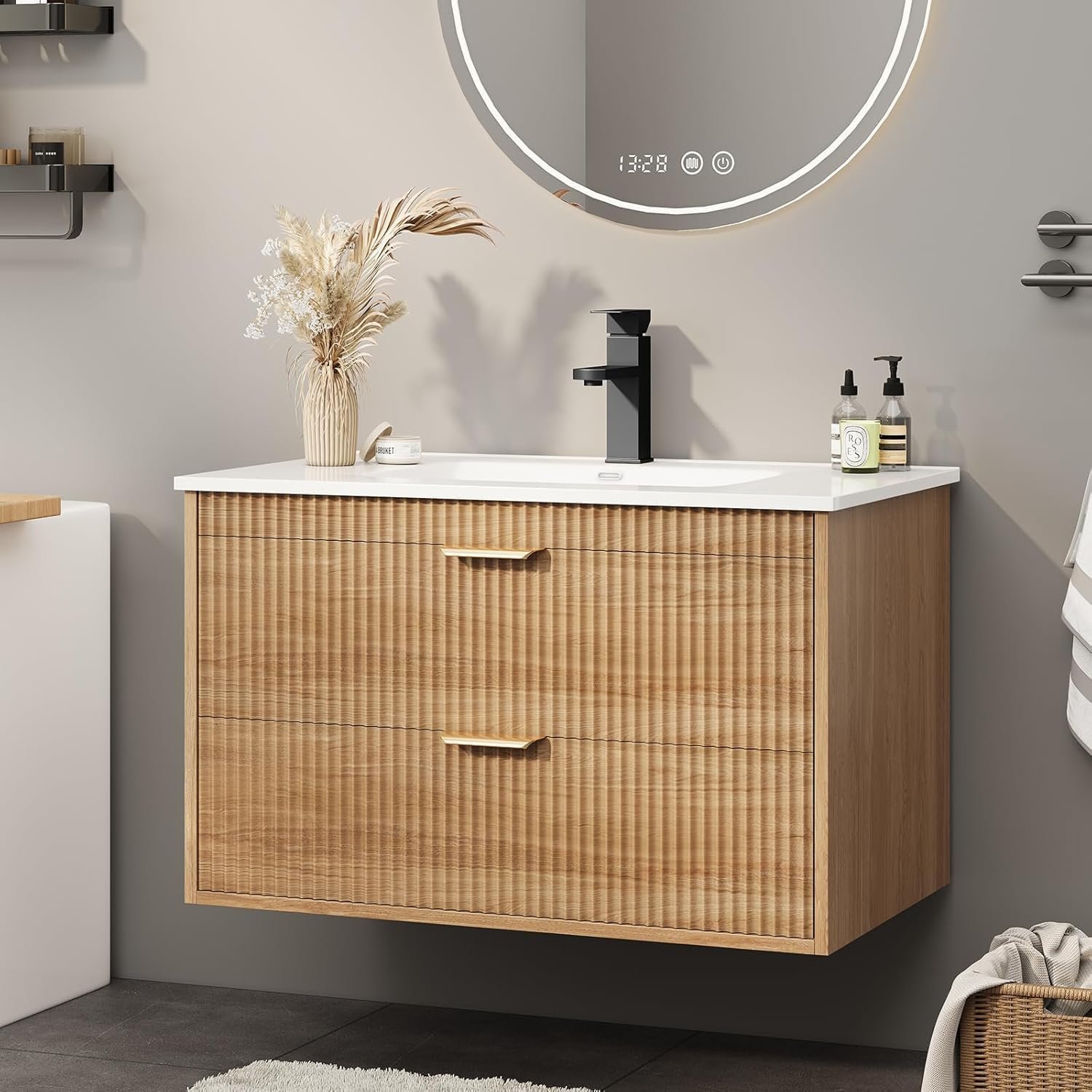 Vabches 24 Inch Bathroom Vanity with Sink, Wood Grain Wall Mounted Vanity with 2 Storage Darwers, Floating Bathroom Vanity with Storage, Bathroom Floating Vanity with Sink, Oak