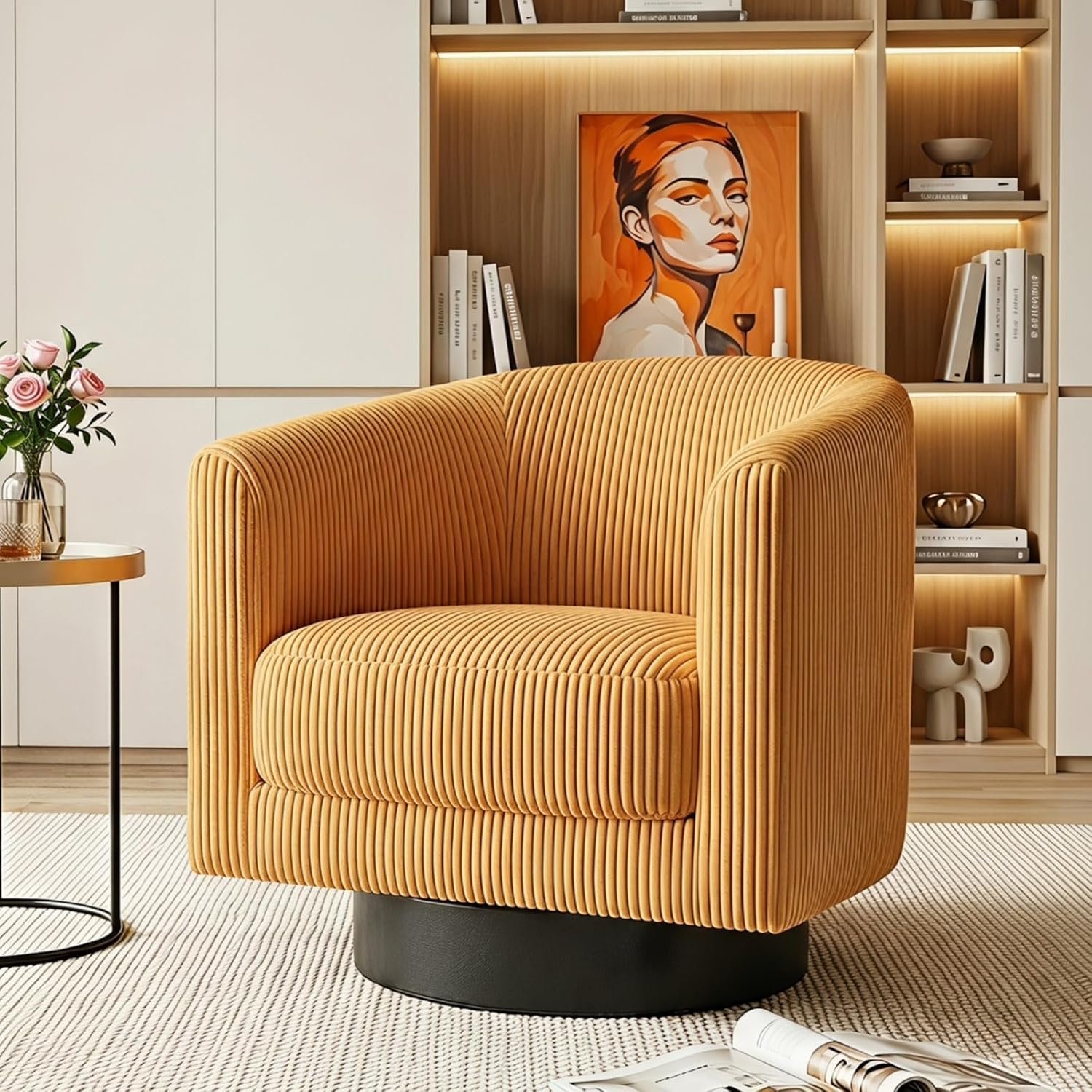 Swivel Accent Chairs, 360 Degree Bucket Chair, Modern Upholstered Barrel Armchair, Comfy Corduroy Single Sofa for Living Room Bedroom, Orange
