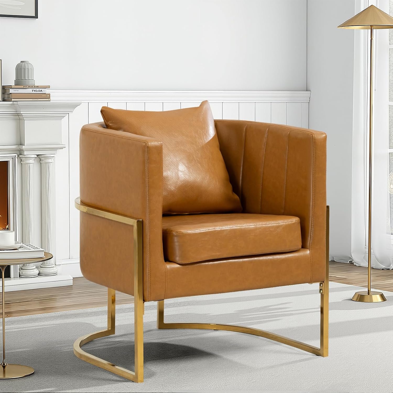 Modern Leather Accent Chair, Mid Century Upholstered Barrel Armchair with Pillow for Living Room, Comfy Single Vanity Chair with Metal Gold Legs for Bedroom, Orange