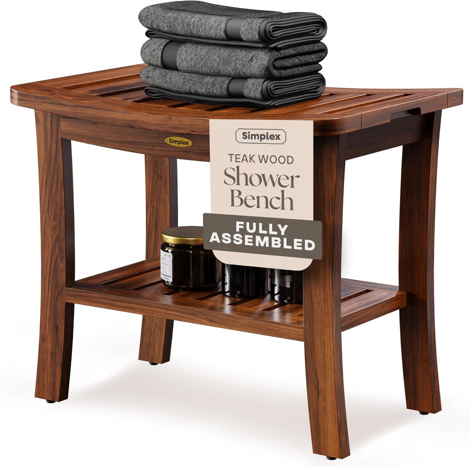 Teak Shower Bench for Inside Shower, Solid Teak Wood Bathroom Bench with Shelf, Waterproof Indoor Outdoor Spa Bench